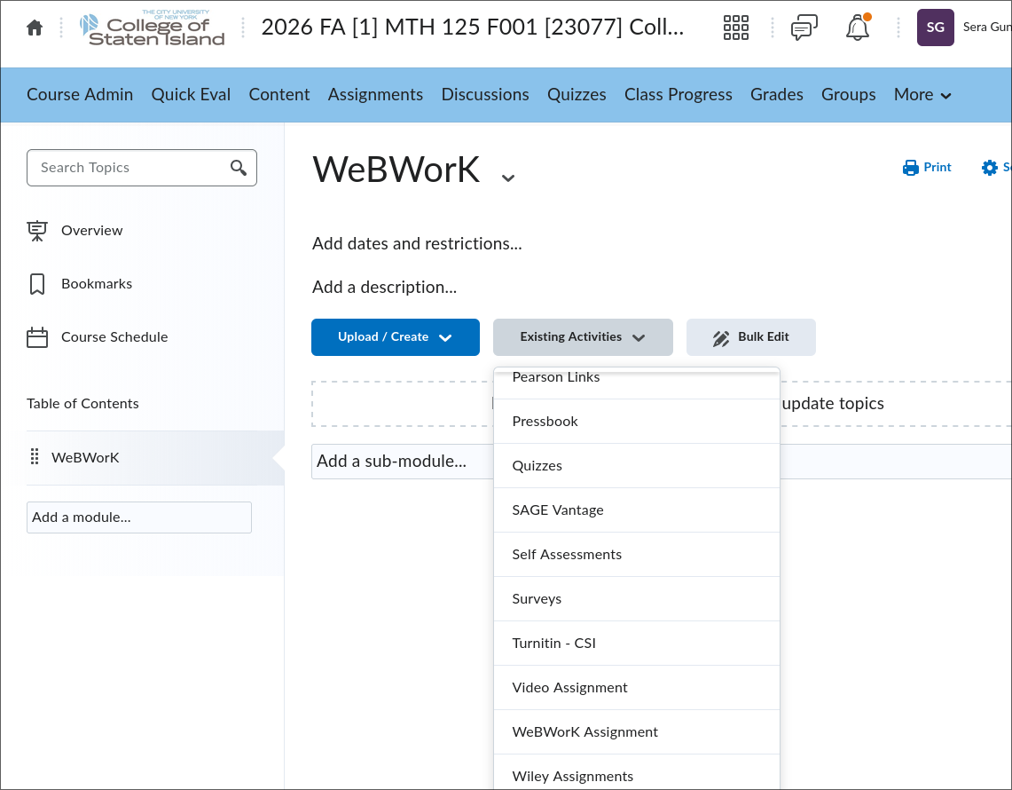 Brightspace existing activities screenshot