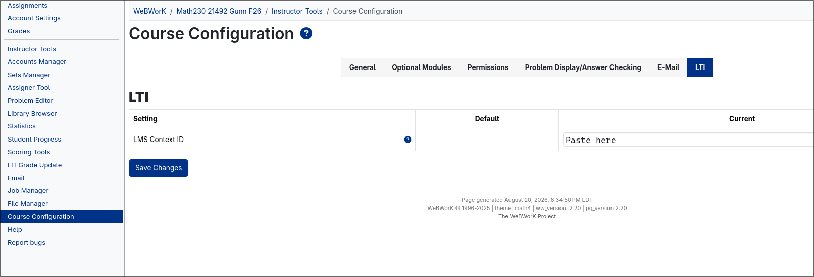 WeBWorK Course Configuration screenshot